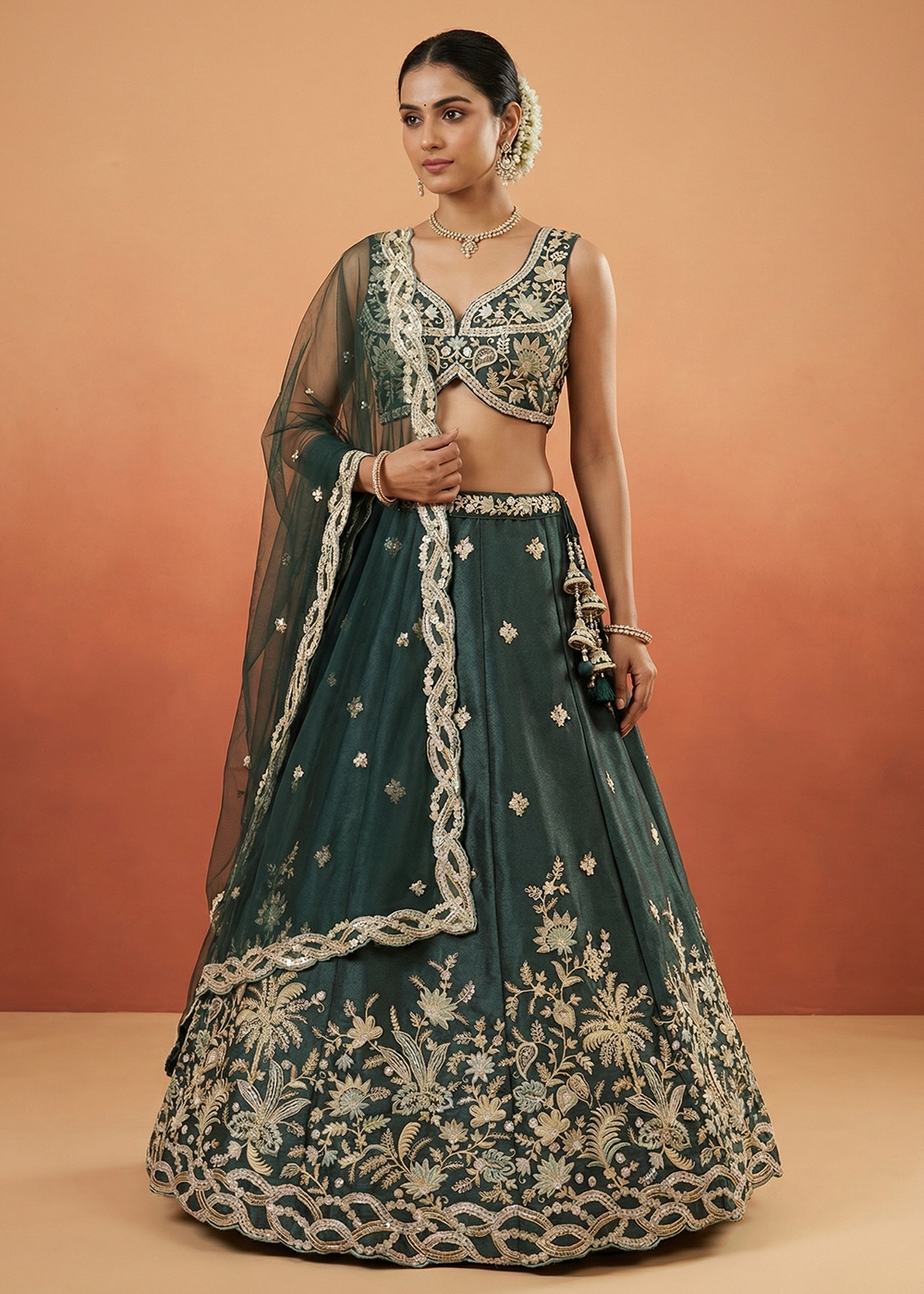 Buy Now Green Tissue Beads Embroidered Engagement Lehenga Choli Online in US, UK, Canada, France, Italy, Germany, Sweden, Austria, UAE & Worldwide at Empress.