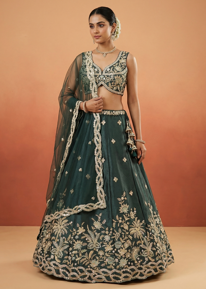 Buy Now Green Tissue Beads Embroidered Engagement Lehenga Choli Online in US, UK, Canada, France, Italy, Germany, Sweden, Austria, UAE &amp; Worldwide at Empress.