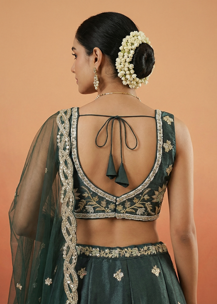 Buy Now Green Tissue Beads Embroidered Engagement Lehenga Choli Online in US, UK, Canada, France, Italy, Germany, Sweden, Austria, UAE &amp; Worldwide at Empress.