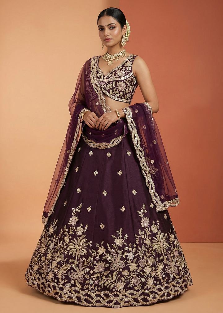 Buy Now Wine Tissue Beads Embroidered Engagement Lehenga Choli Online in US, UK, Canada, France, Italy, Germany, Sweden, Austria, UAE &amp; Worldwide at Empress.