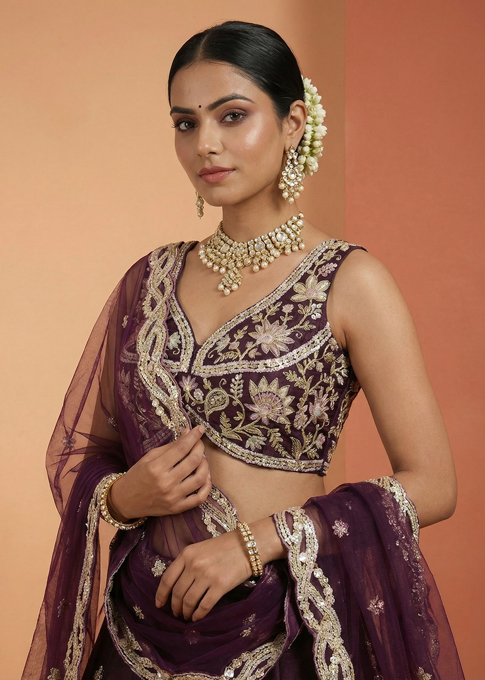 Buy Now Wine Tissue Beads Embroidered Engagement Lehenga Choli Online in US, UK, Canada, France, Italy, Germany, Sweden, Austria, UAE & Worldwide at Empress.