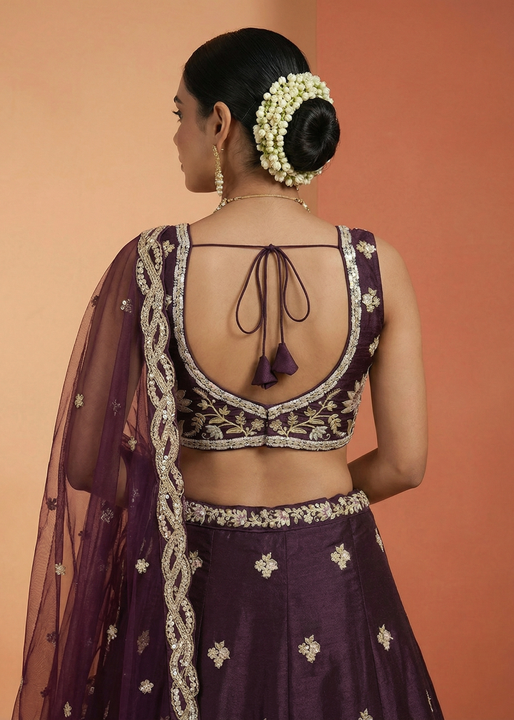 Buy Now Wine Tissue Beads Embroidered Engagement Lehenga Choli Online in US, UK, Canada, France, Italy, Germany, Sweden, Austria, UAE &amp; Worldwide at Empress.