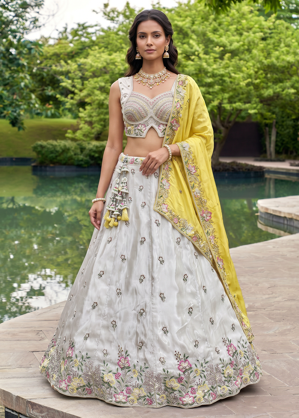 Buy Now Grey &amp; Mustard Beads Embroidered Designer Lehenga Choli Online in US, UK, Canada, France, Italy, Germany, Sweden, Austria, UAE &amp; Worldwide at Empress.