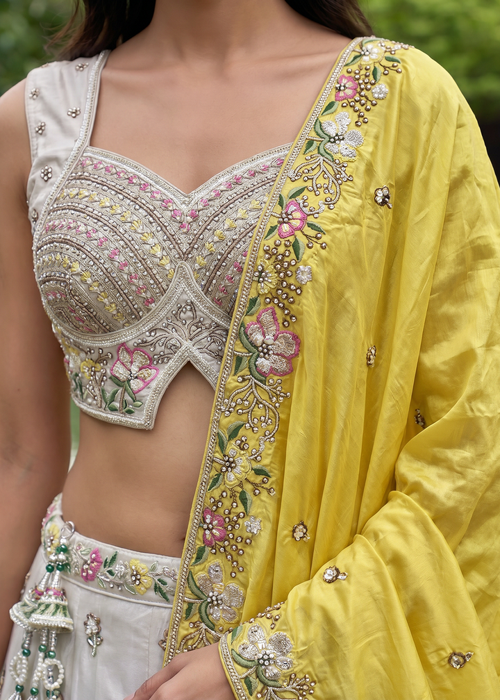 Buy Now Grey &amp; Mustard Beads Embroidered Designer Lehenga Choli Online in US, UK, Canada, France, Italy, Germany, Sweden, Austria, UAE &amp; Worldwide at Empress.