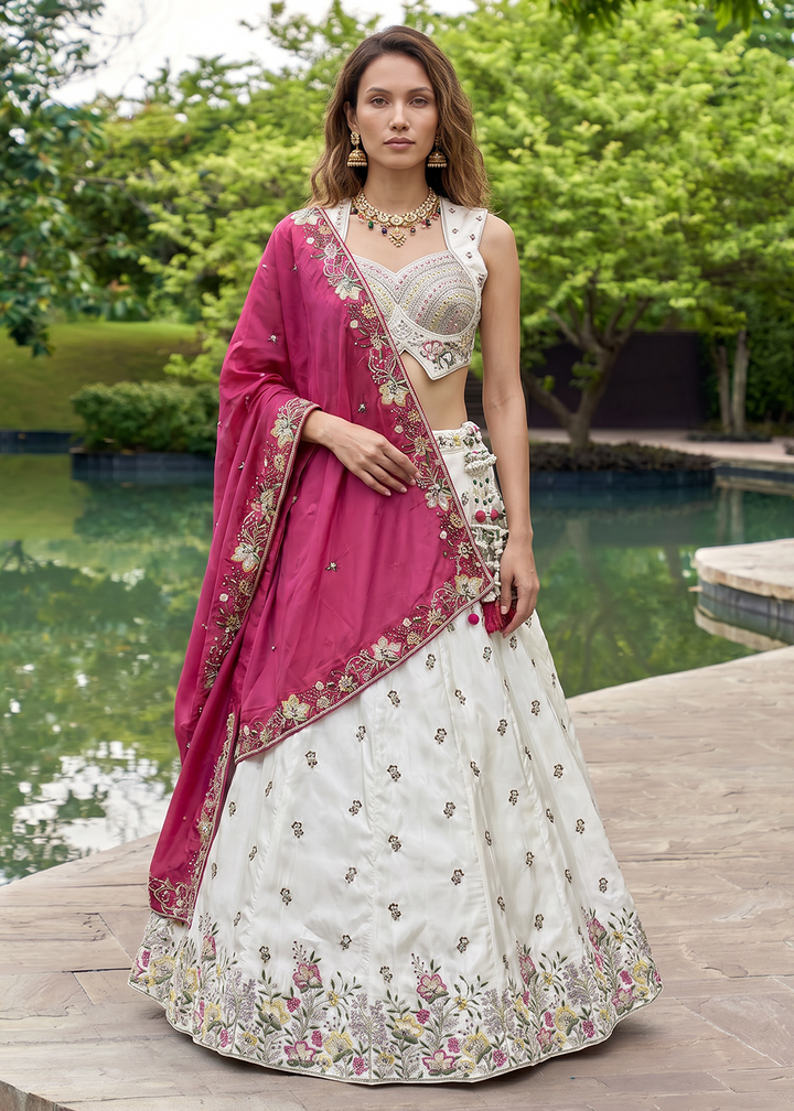 Buy Now Grey &amp; Pink Beads Embroidered Designer Lehenga Choli Online in US, UK, Canada, France, Italy, Germany, Sweden, Austria, UAE &amp; Worldwide at Empress.