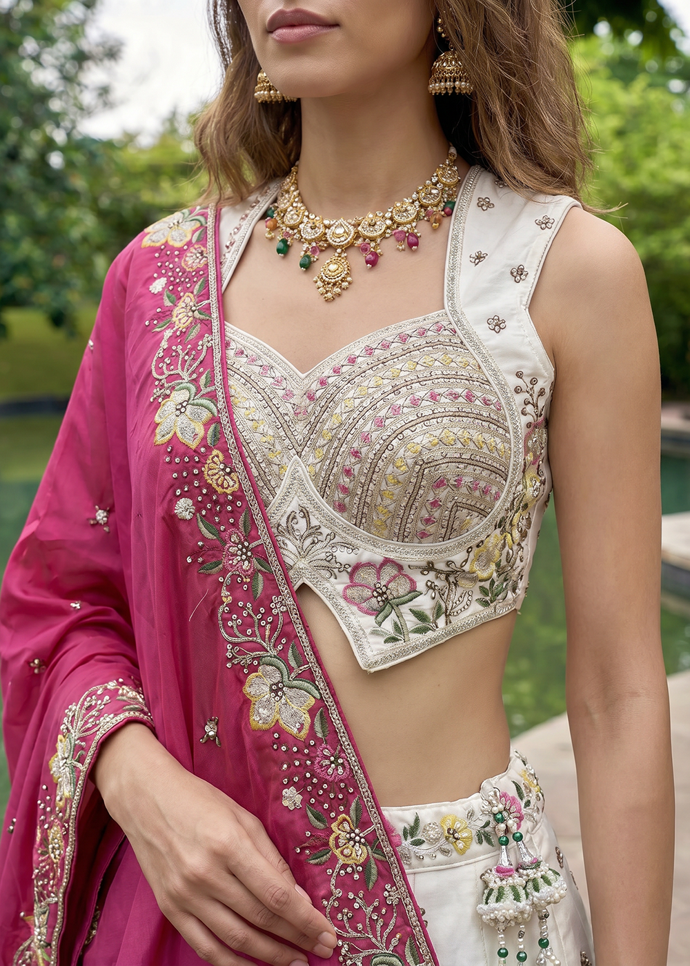 Buy Now Grey &amp; Pink Beads Embroidered Designer Lehenga Choli Online in US, UK, Canada, France, Italy, Germany, Sweden, Austria, UAE &amp; Worldwide at Empress.