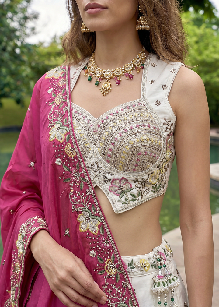 Buy Now Grey &amp; Pink Beads Embroidered Designer Lehenga Choli Online in US, UK, Canada, France, Italy, Germany, Sweden, Austria, UAE &amp; Worldwide at Empress.