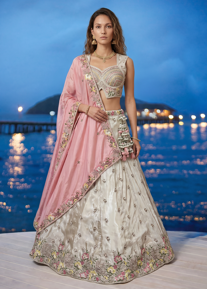 Buy Now White &amp; Pink Beads Embroidered Designer Lehenga Choli Online in US, UK, Canada, France, Italy, Germany, Sweden, Austria, UAE &amp; Worldwide at Empress.