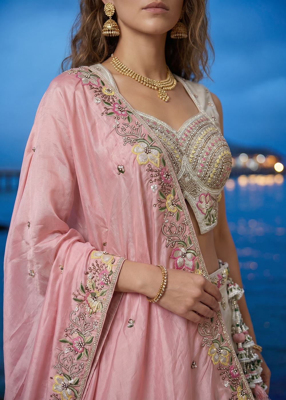 Buy Now White & Pink Beads Embroidered Designer Lehenga Choli Online in US, UK, Canada, France, Italy, Germany, Sweden, Austria, UAE & Worldwide at Empress.