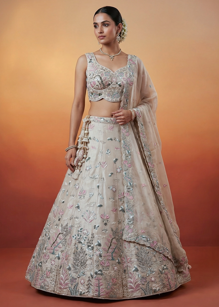 Buy Now Grey Organza Swarovski Stones Embroidered Lehenga Choli Online in US, UK, Canada, France, Italy, Germany, Sweden, Austria, UAE &amp; Worldwide at Empress.