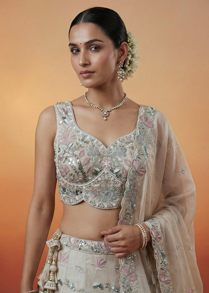 Buy Now Grey Organza Swarovski Stones Embroidered Lehenga Choli Online in US, UK, Canada, France, Italy, Germany, Sweden, Austria, UAE &amp; Worldwide at Empress.