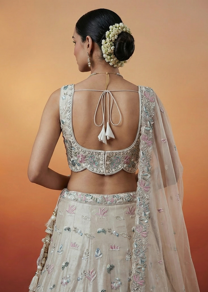 Buy Now Grey Organza Swarovski Stones Embroidered Lehenga Choli Online in US, UK, Canada, France, Italy, Germany, Sweden, Austria, UAE &amp; Worldwide at Empress.