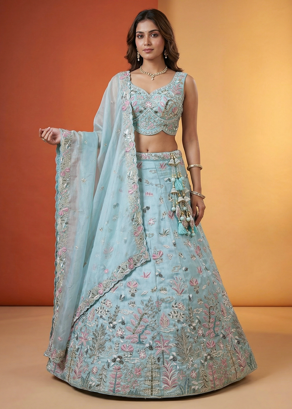 Buy Now Blue Organza Swarovski Stones Embroidered Lehenga Choli Online in US, UK, Canada, France, Italy, Germany, Sweden, Austria, UAE &amp; Worldwide at Empress.