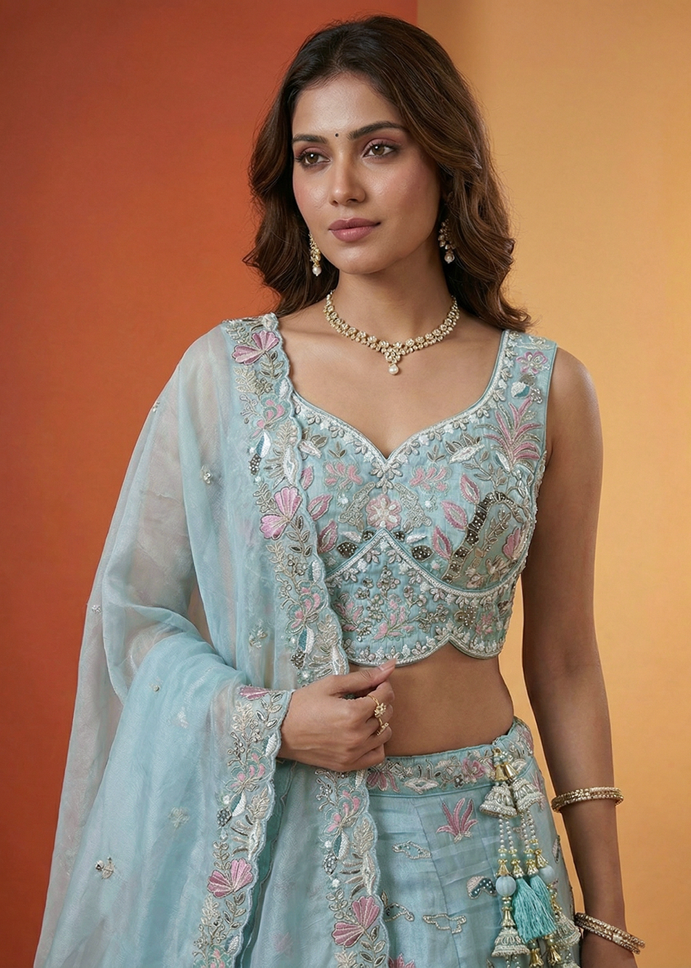 Buy Now Blue Organza Swarovski Stones Embroidered Lehenga Choli Online in US, UK, Canada, France, Italy, Germany, Sweden, Austria, UAE &amp; Worldwide at Empress.