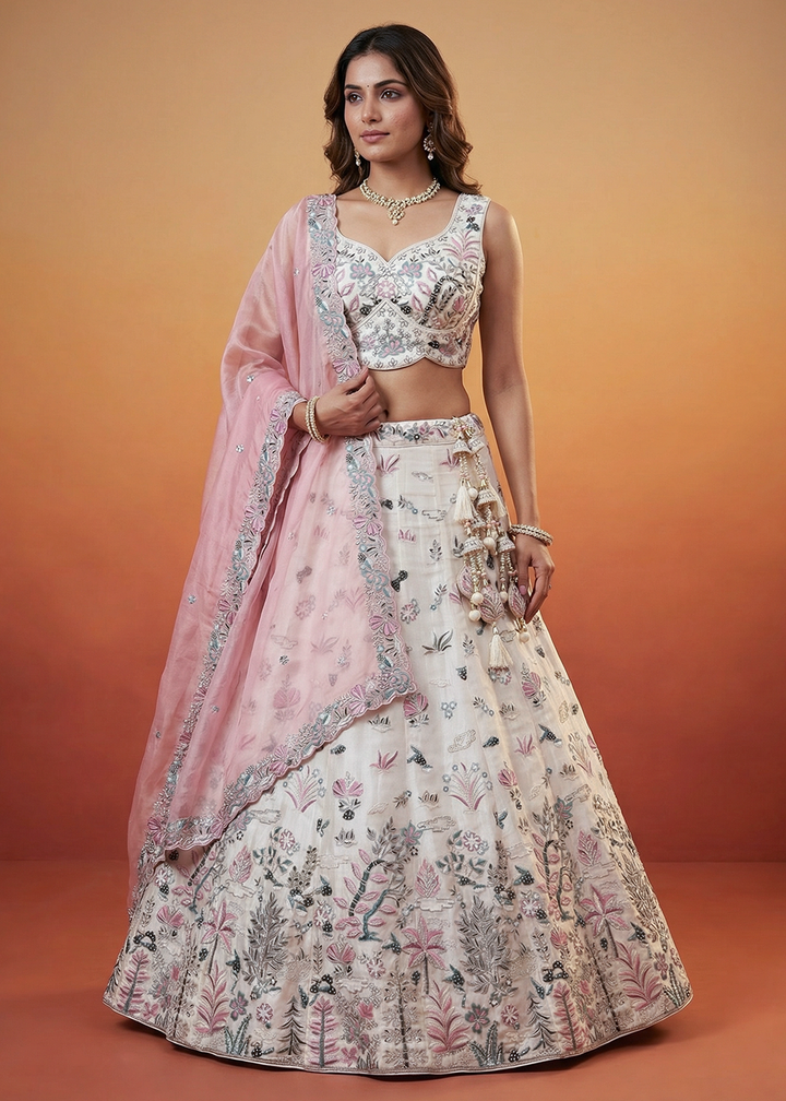 Buy Now White Organza Swarovski Stones Embroidered Lehenga Choli Online in US, UK, Canada, France, Italy, Germany, Sweden, Austria, UAE &amp; Worldwide at Empress.