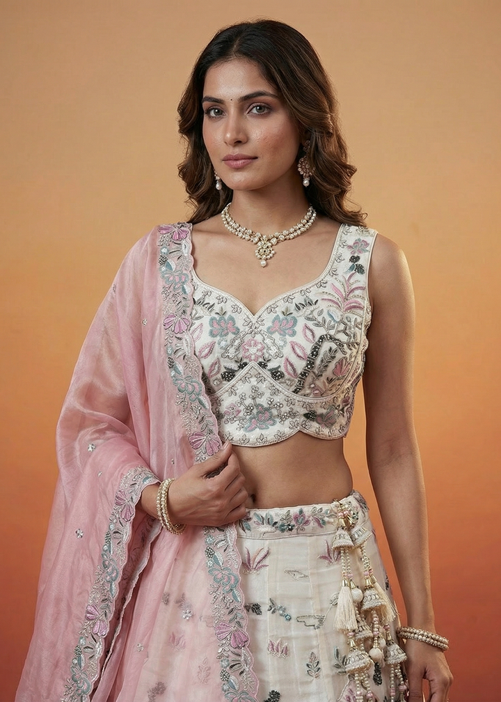Buy Now White Organza Swarovski Stones Embroidered Lehenga Choli Online in US, UK, Canada, France, Italy, Germany, Sweden, Austria, UAE &amp; Worldwide at Empress.