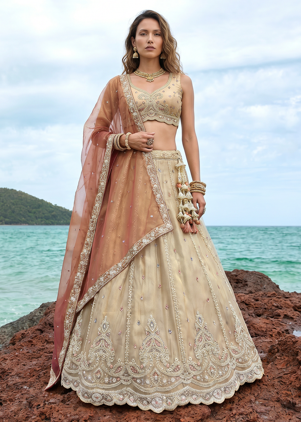 Buy Now Cream Zari Embroidered Lehenga Choli with Peach Dupatta Online in US, UK, Canada, France, Italy, Germany, Sweden, Austria, UAE &amp; Worldwide at Empress.
