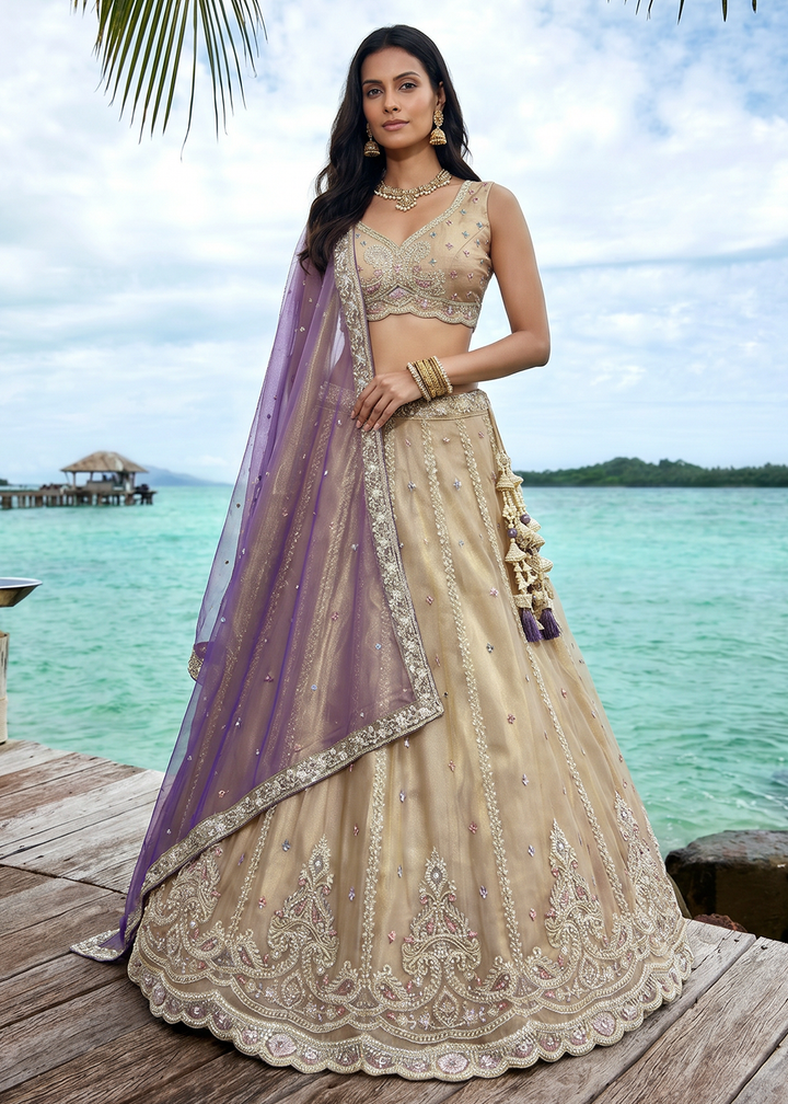 Buy Now Cream Zari Embroidered Lehenga Choli with Purple Dupatta Online in US, UK, Canada, France, Italy, Germany, Sweden, Austria, UAE &amp; Worldwide at Empress.