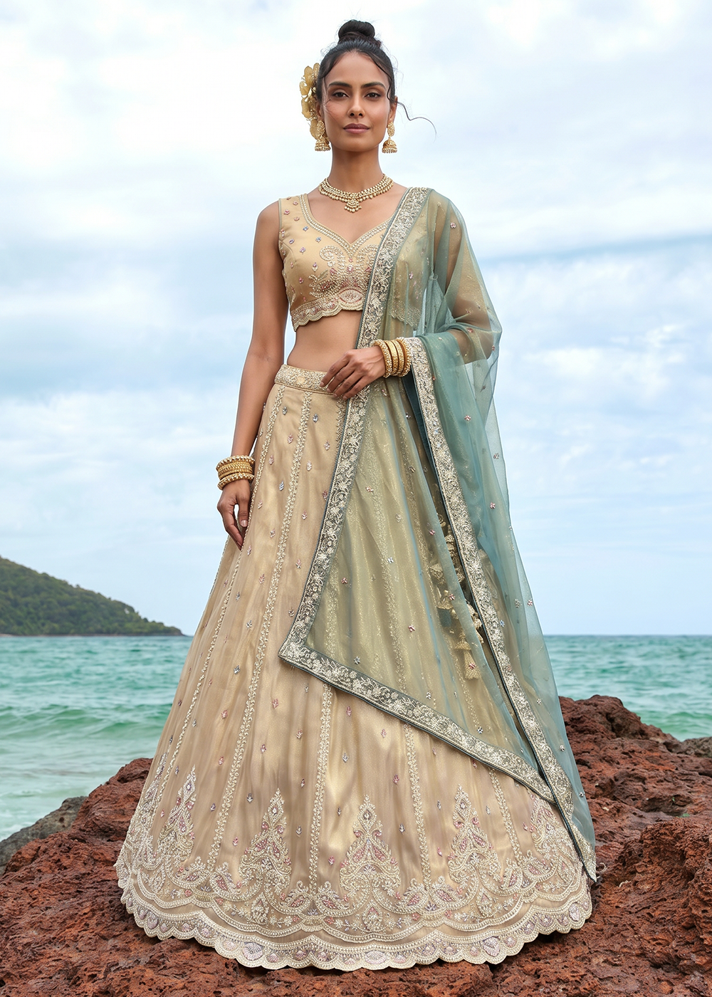 Buy Now Cream Zari Embroidered Lehenga Choli with Green Dupatta Online in US, UK, Canada, France, Italy, Germany, Sweden, Austria, UAE &amp; Worldwide at Empress.