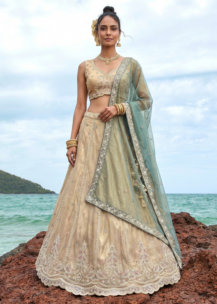Buy Now Cream Zari Embroidered Lehenga Choli with Green Dupatta Online in US, UK, Canada, France, Italy, Germany, Sweden, Austria, UAE &amp; Worldwide at Empress.