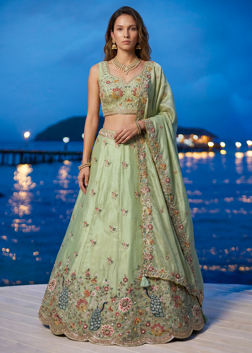 Buy Now Pista Green Organza Embroidered Festive Wear Lehanga Choli Online in US, UK, Canada, France, Italy, Germany, Sweden, Austria, UAE &amp; Worldwide at Empress.