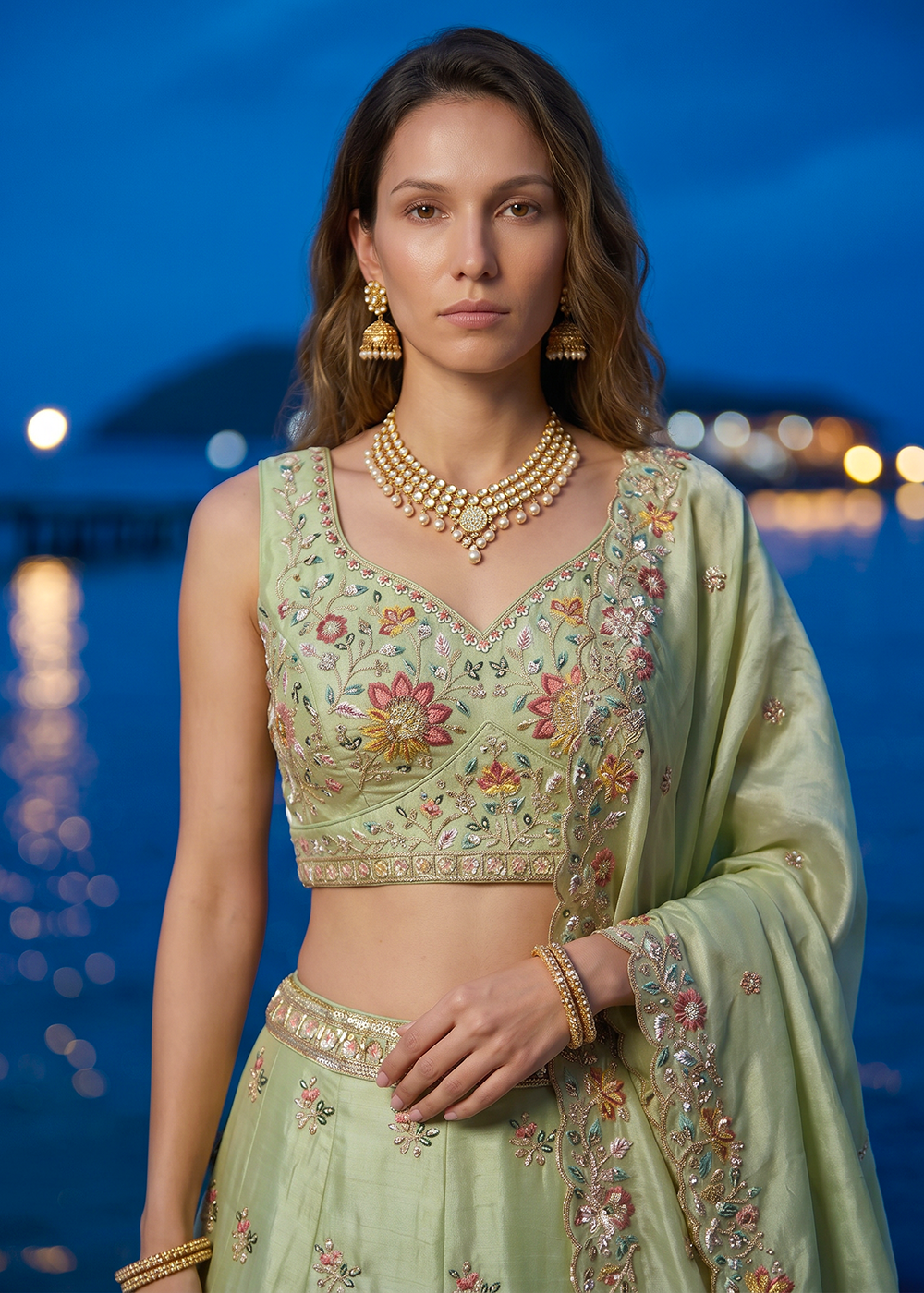 Buy Now Pista Green Organza Embroidered Festive Wear Lehanga Choli Online in US, UK, Canada, France, Italy, Germany, Sweden, Austria, UAE &amp; Worldwide at Empress.