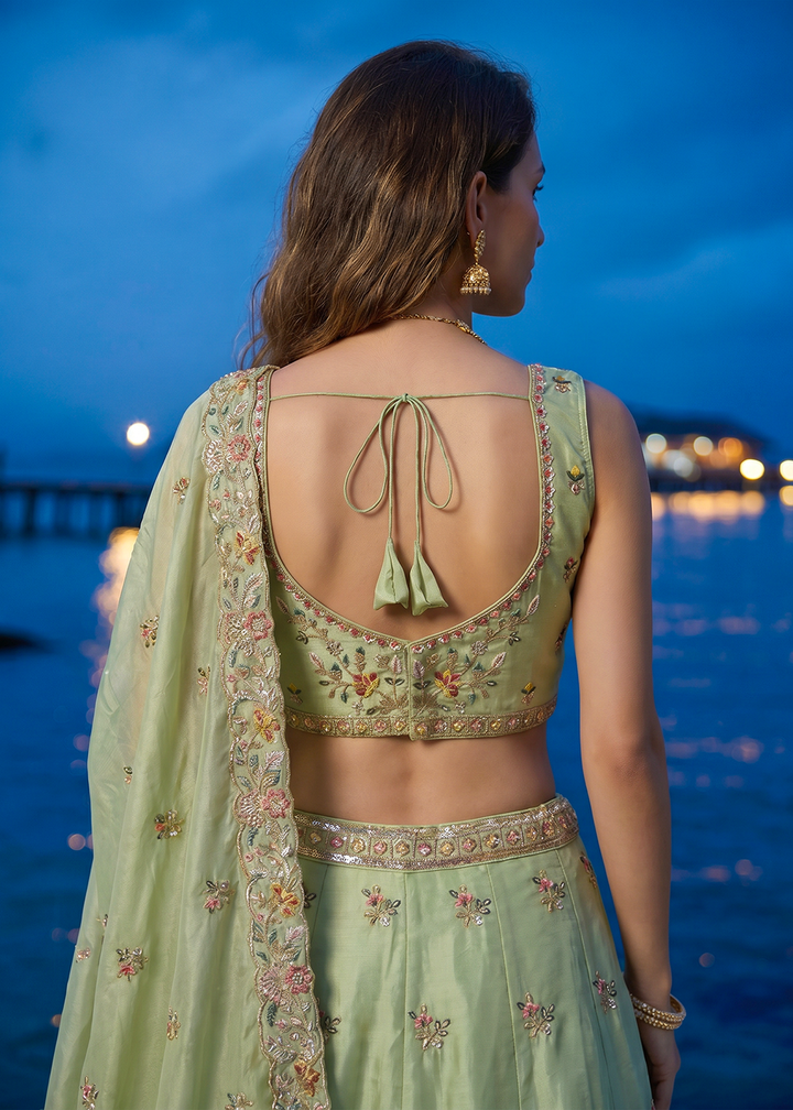 Buy Now Pista Green Organza Embroidered Festive Wear Lehanga Choli Online in US, UK, Canada, France, Italy, Germany, Sweden, Austria, UAE &amp; Worldwide at Empress.