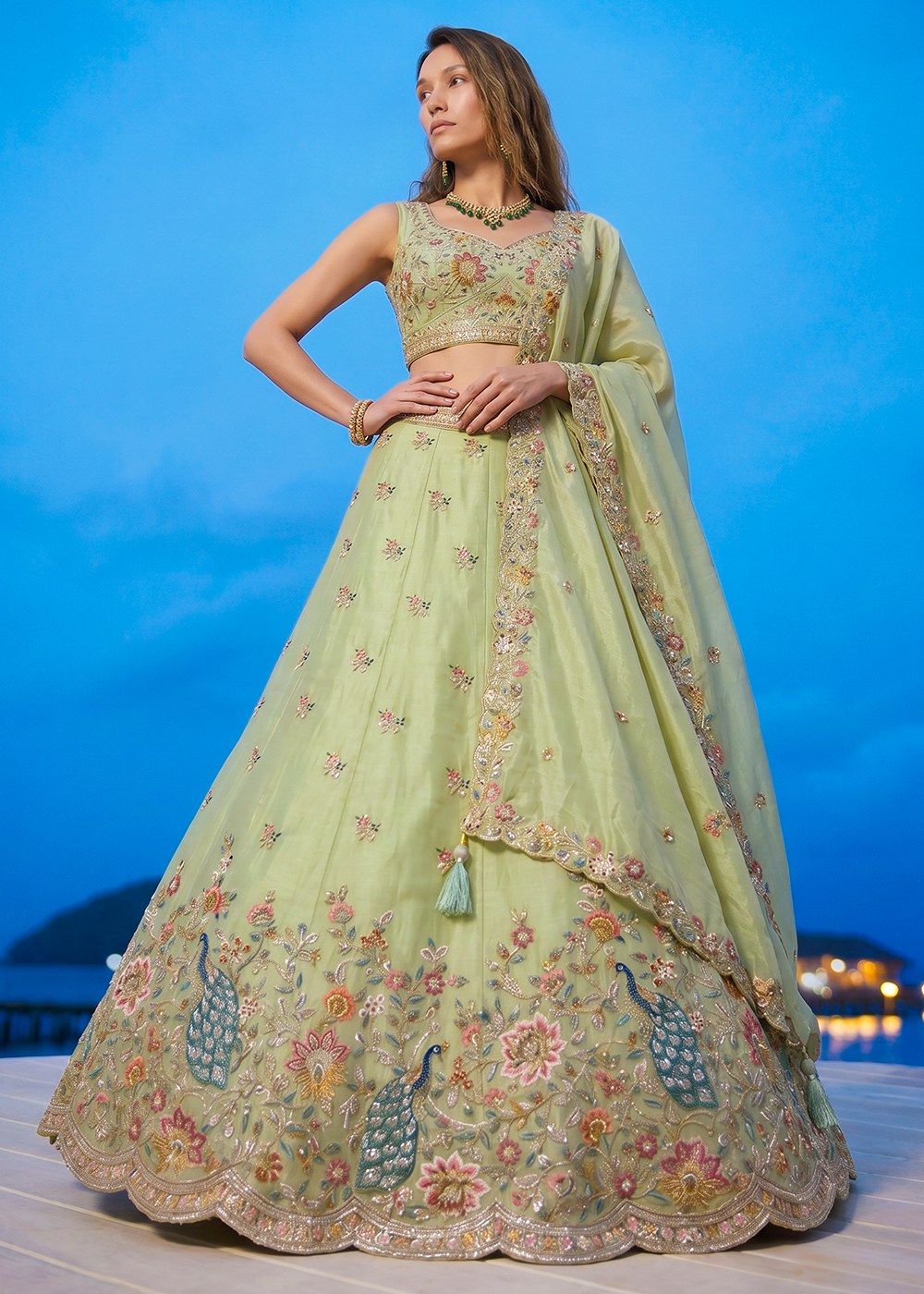 Buy Now Pista Green Organza Embroidered Festive Wear Lehanga Choli Online in US, UK, Canada, France, Italy, Germany, Sweden, Austria, UAE &amp; Worldwide at Empress.
