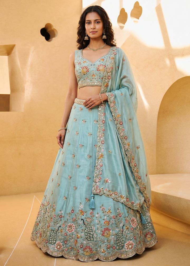 Buy Now Sea Blue Organza Embroidered Festive Wear Lehanga Choli Online in US, UK, Canada, France, Italy, Germany, Sweden, Austria, UAE &amp; Worldwide at Empress.