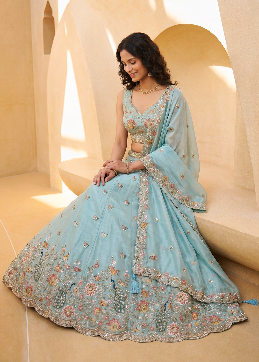 Buy Now Sea Blue Organza Embroidered Festive Wear Lehanga Choli Online in US, UK, Canada, France, Italy, Germany, Sweden, Austria, UAE &amp; Worldwide at Empress.