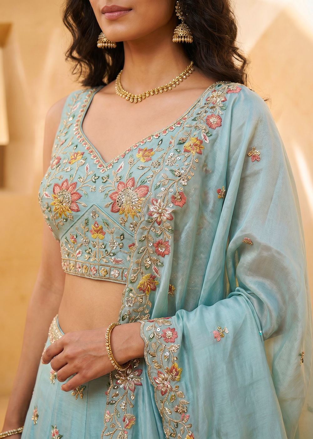 Buy Now Sea Blue Organza Embroidered Festive Wear Lehanga Choli Online in US, UK, Canada, France, Italy, Germany, Sweden, Austria, UAE &amp; Worldwide at Empress.
