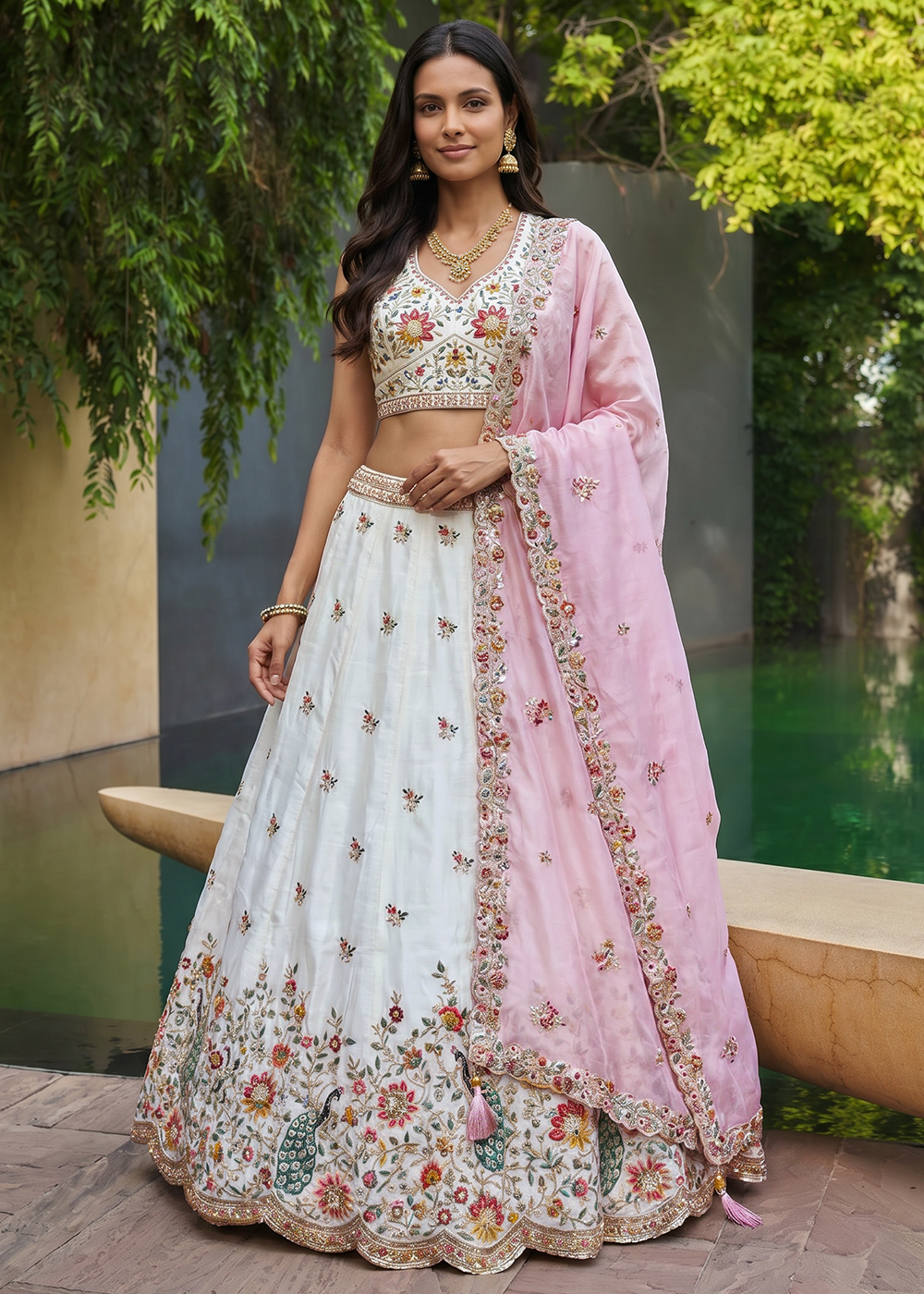 Buy Now White &amp; Pink Organza Embroidered Festive Wear Lehanga Choli Online in US, UK, Canada, France, Italy, Germany, Sweden, Austria &amp; Worldwide at Empress.