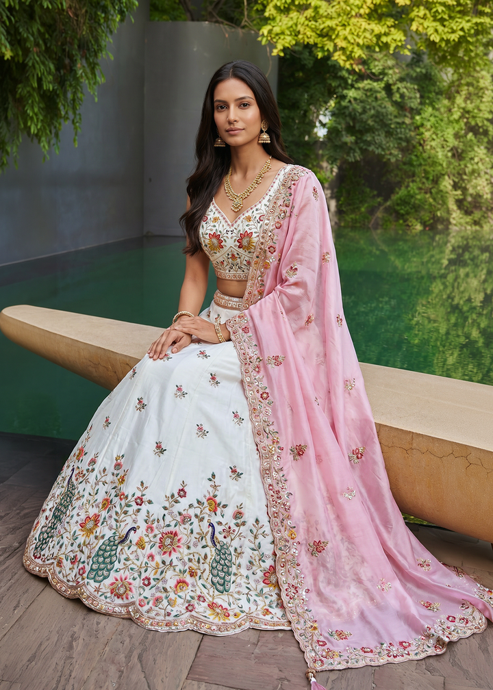 Buy Now White &amp; Pink Organza Embroidered Festive Wear Lehanga Choli Online in US, UK, Canada, France, Italy, Germany, Sweden, Austria &amp; Worldwide at Empress.