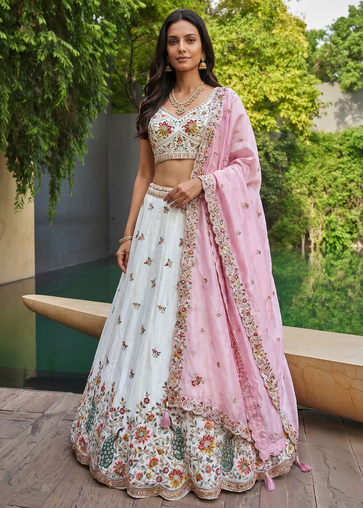 Buy Now White &amp; Pink Organza Embroidered Festive Wear Lehanga Choli Online in US, UK, Canada, France, Italy, Germany, Sweden, Austria &amp; Worldwide at Empress.