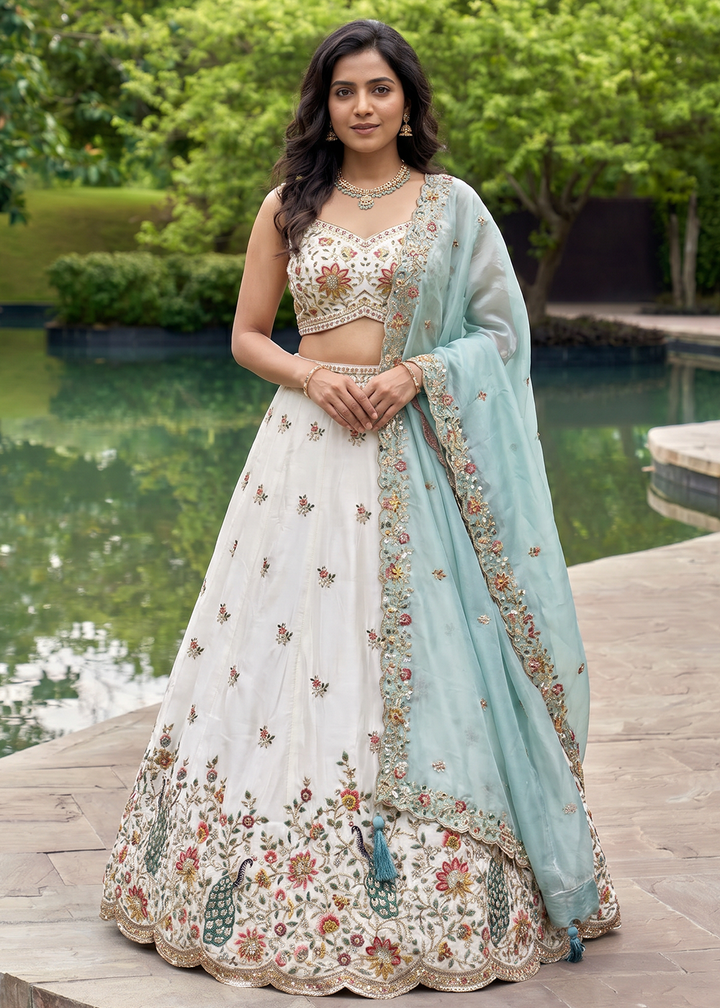Buy Now White &amp; Blue Organza Embroidered Festive Wear Lehanga Choli Online in US, UK, Canada, France, Italy, Germany, Sweden, Austria &amp; Worldwide at Empress.