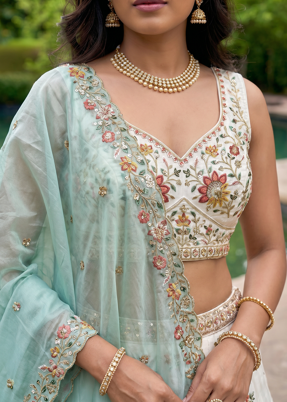 Buy Now White & Blue Organza Embroidered Festive Wear Lehanga Choli Online in US, UK, Canada, France, Italy, Germany, Sweden, Austria & Worldwide at Empress.