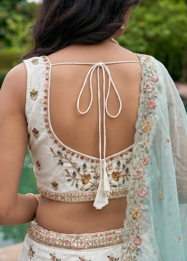 Buy Now White &amp; Blue Organza Embroidered Festive Wear Lehanga Choli Online in US, UK, Canada, France, Italy, Germany, Sweden, Austria &amp; Worldwide at Empress.