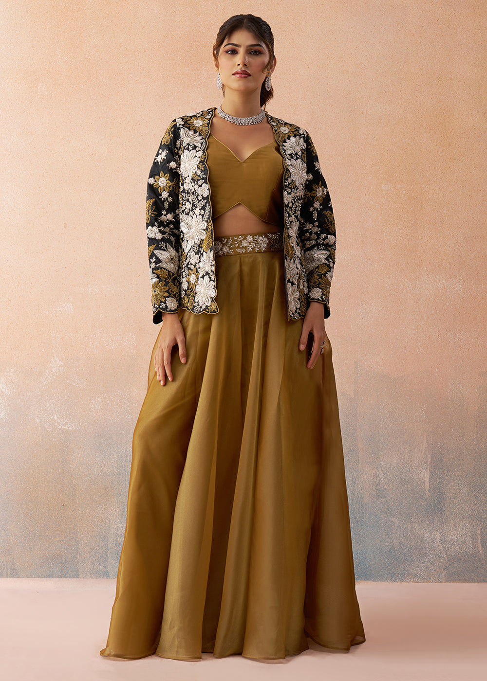 Buy Now Golden Mustard Indo Western Crop Top with Black Jacket Online in US, UK, Canada, Netherlands, Germany, Italy, France, Switzerland & Worldwide at Empress.