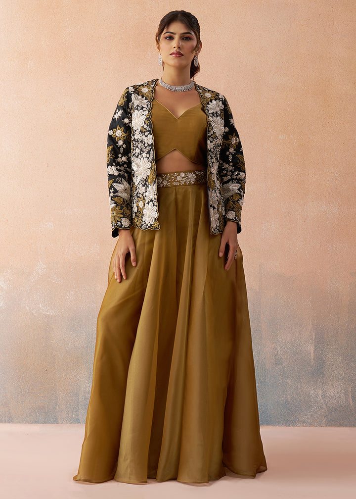 Buy Now Golden Mustard Indo Western Crop Top with Black Jacket Online in US, UK, Canada, Netherlands, Germany, Italy, France, Switzerland & Worldwide at Empress.