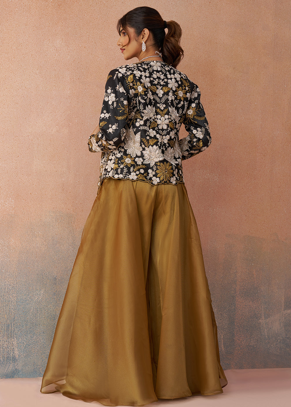 Buy Now Golden Mustard Indo Western Crop Top with Black Jacket Online in US, UK, Canada, Netherlands, Germany, Italy, France, Switzerland & Worldwide at Empress.