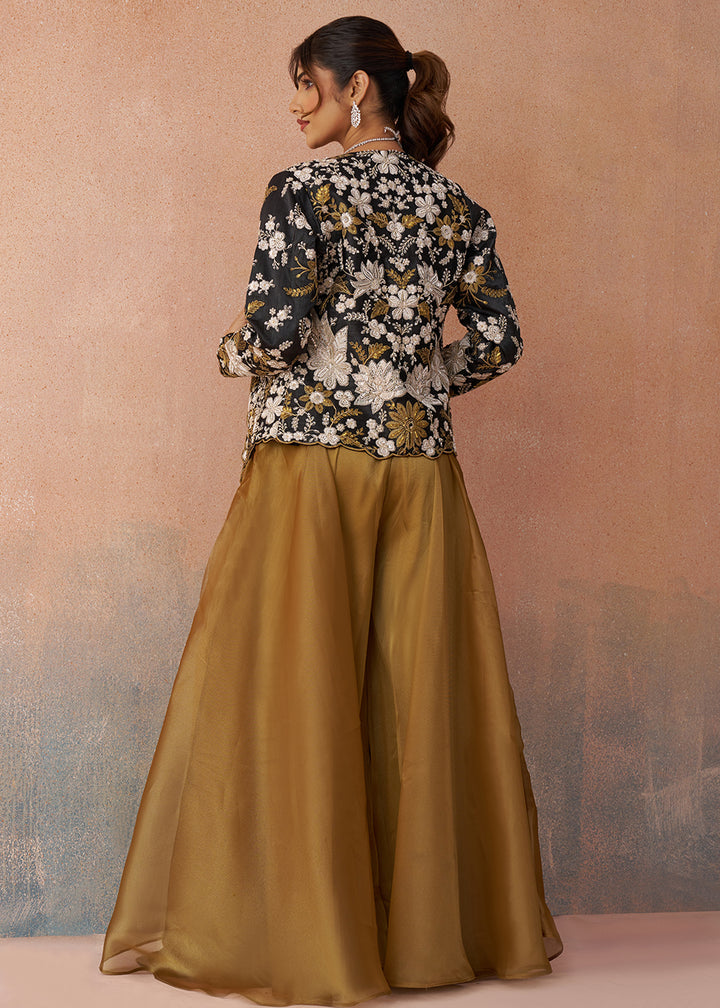 Buy Now Golden Mustard Indo Western Crop Top with Black Jacket Online in US, UK, Canada, Netherlands, Germany, Italy, France, Switzerland & Worldwide at Empress.