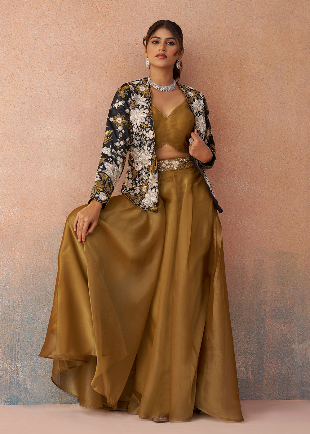 Buy Now Golden Mustard Indo Western Crop Top with Black Jacket Online in US, UK, Canada, Netherlands, Germany, Italy, France, Switzerland & Worldwide at Empress.