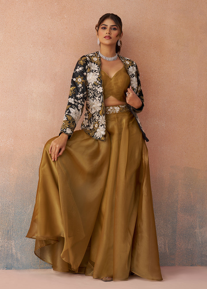 Buy Now Golden Mustard Indo Western Crop Top with Black Jacket Online in US, UK, Canada, Netherlands, Germany, Italy, France, Switzerland & Worldwide at Empress.