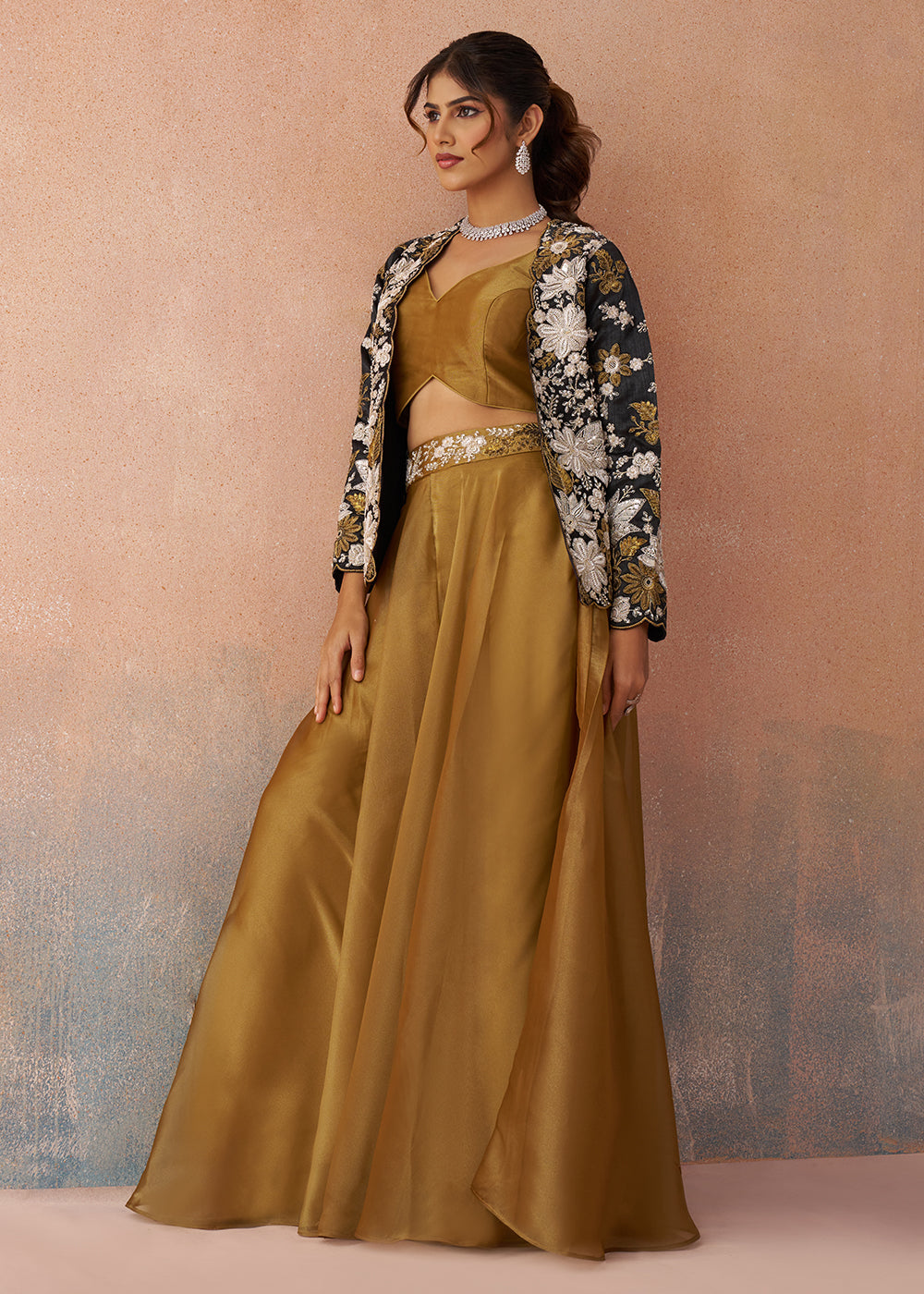 Buy Now Golden Mustard Indo Western Crop Top with Black Jacket Online in US, UK, Canada, Netherlands, Germany, Italy, France, Switzerland & Worldwide at Empress.