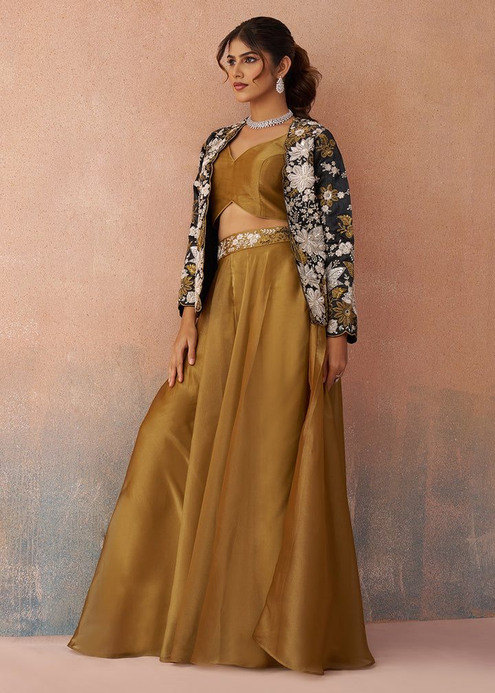 Buy Now Golden Mustard Indo Western Crop Top with Black Jacket Online in US, UK, Canada, Netherlands, Germany, Italy, France, Switzerland & Worldwide at Empress.