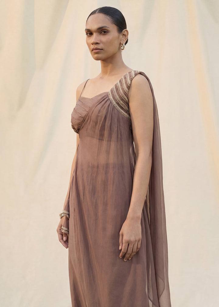 Buy Now Brown Silk Crop Top with Pant & One Side Shrug Set Online in US, UK, Canada, Netherlands, Germany, Italy, France, Sweden, UAE & Worldwide at Empress.