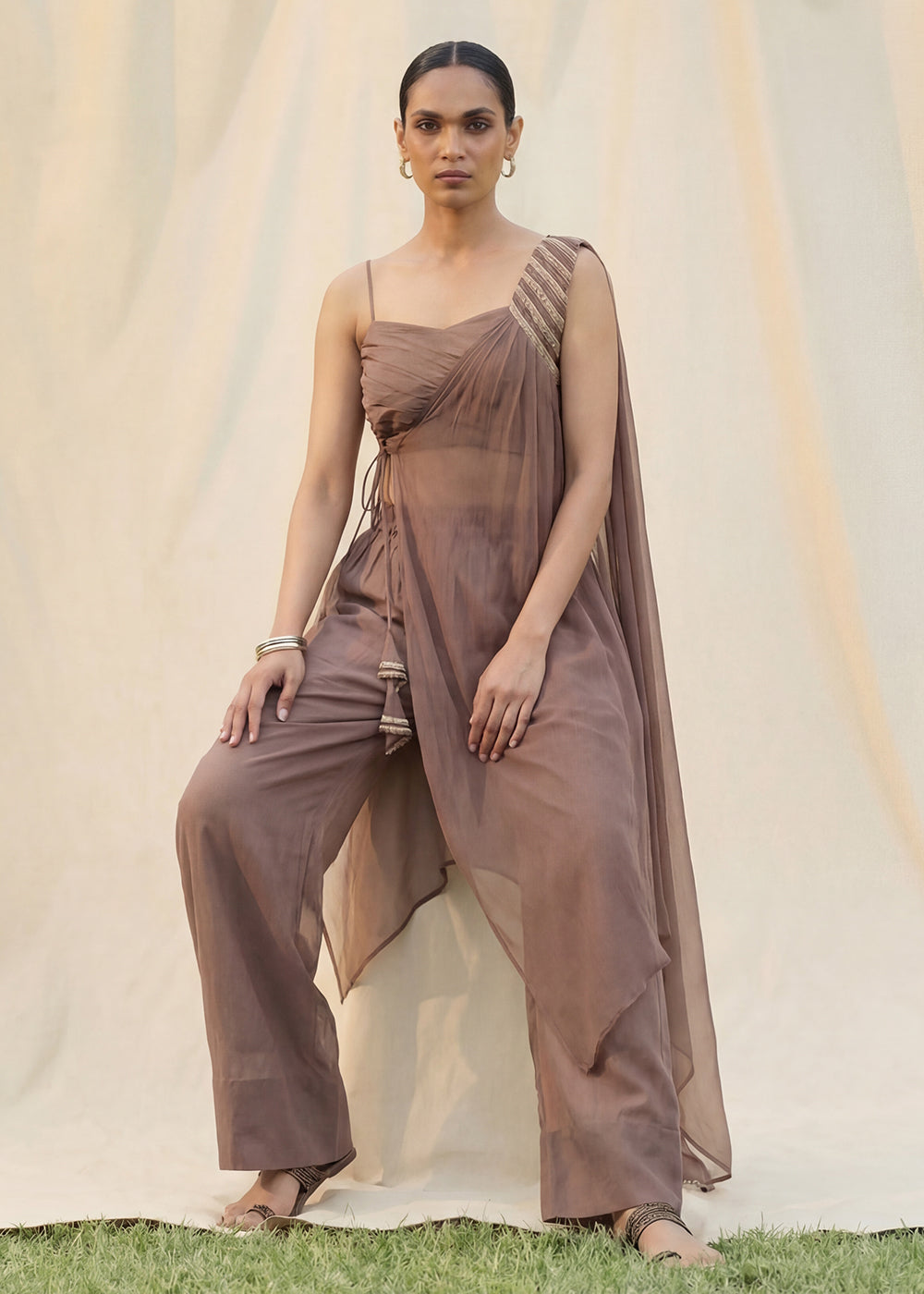Buy Now Brown Silk Crop Top with Pant & One Side Shrug Set Online in US, UK, Canada, Netherlands, Germany, Italy, France, Sweden, UAE & Worldwide at Empress.