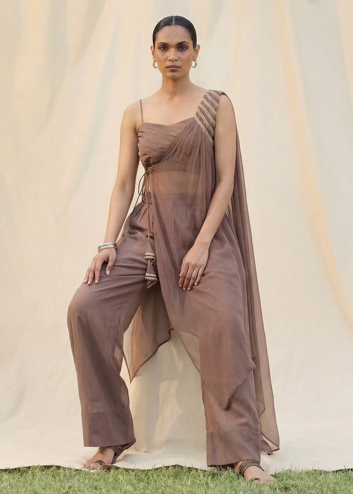 Buy Now Brown Silk Crop Top with Pant & One Side Shrug Set Online in US, UK, Canada, Netherlands, Germany, Italy, France, Sweden, UAE & Worldwide at Empress.