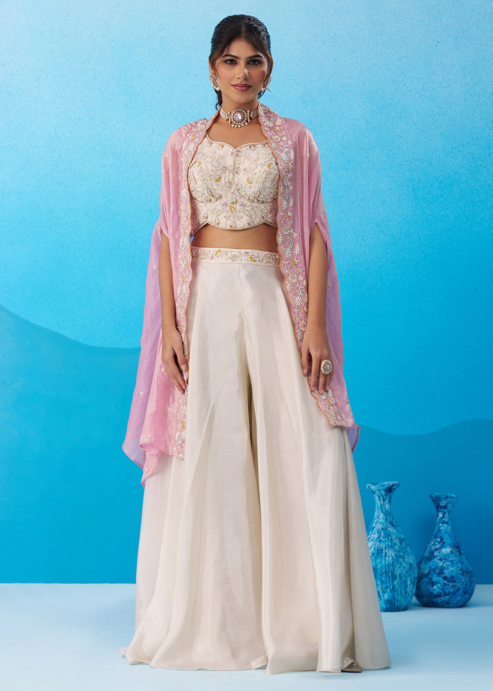Buy Now Cream & Pink Viscose Beads Embroidered Crop Top Palazzo Set Online in US, UK, Canada, Netherlands, Germany, Italy, France, UAE & Worldwide at Empress.