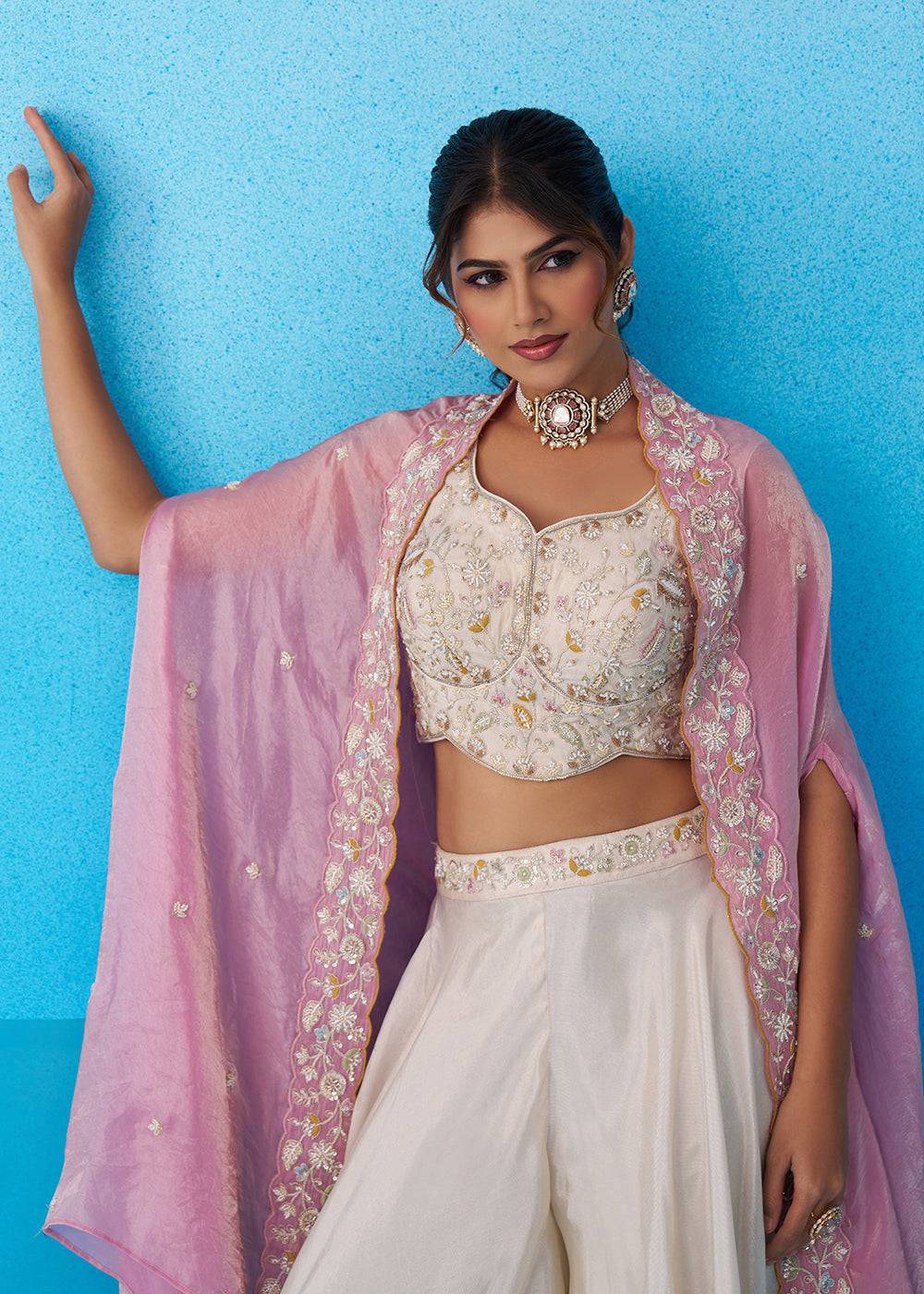 Buy Now Cream & Pink Viscose Beads Embroidered Crop Top Palazzo Set Online in US, UK, Canada, Netherlands, Germany, Italy, France, UAE & Worldwide at Empress.